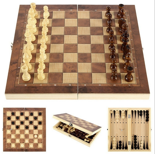 3 In 1 Portable Wooden Foldable Chess Board Set & Checkers & Backgammon Set With Chess Pieces And Carrying Case